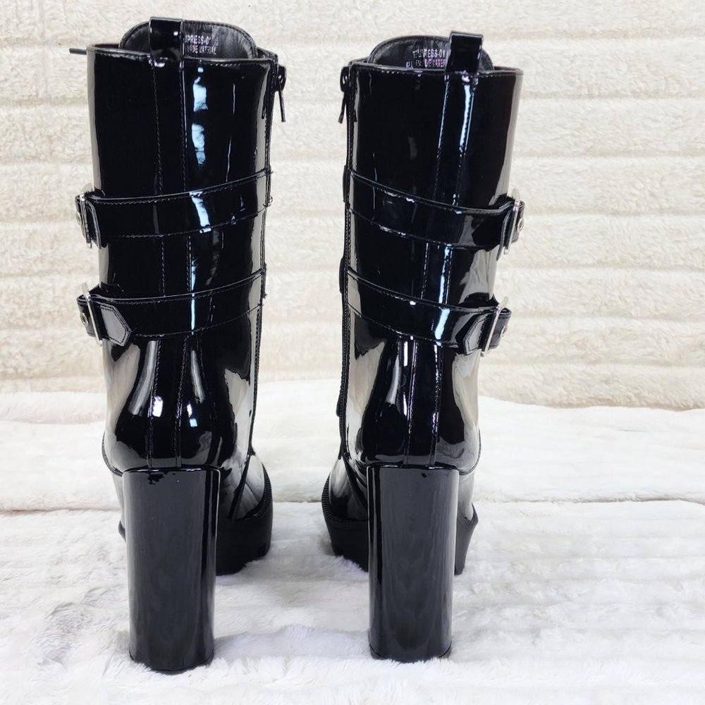 Shiney Black Patent Lug Sole Studded Strap Ankle Boots Temptress - Picture 5 of 12